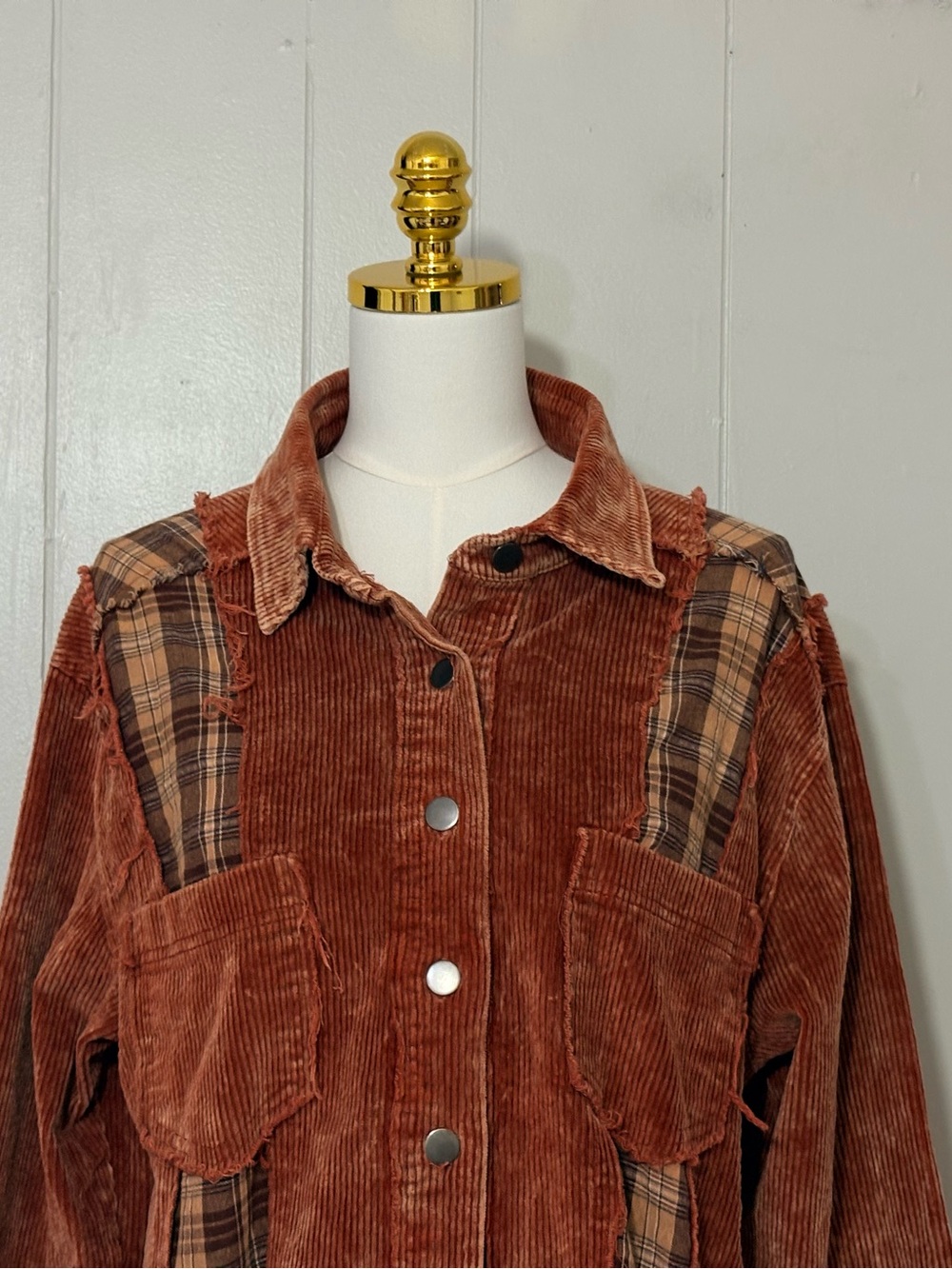 POL Patchwork Corduroy Plaid Shacket Rust Brown Jacket Size L YWJ3 - Picture 3 of 15
